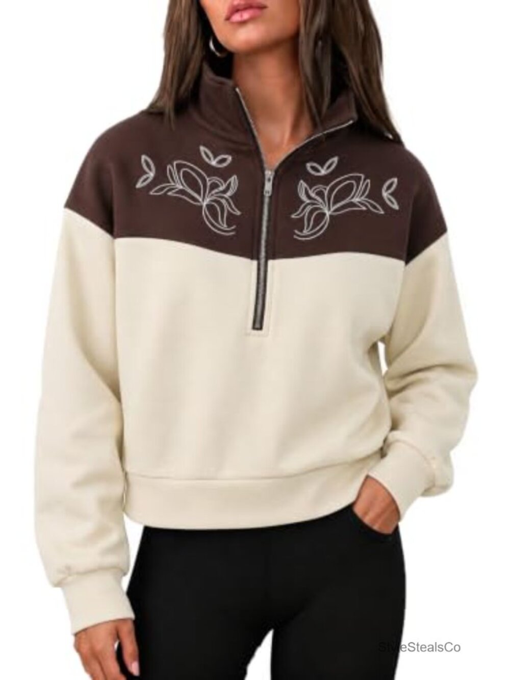 Women's Western Embroidered Half Zip Sweatshirt Cowgirl Pullover Top